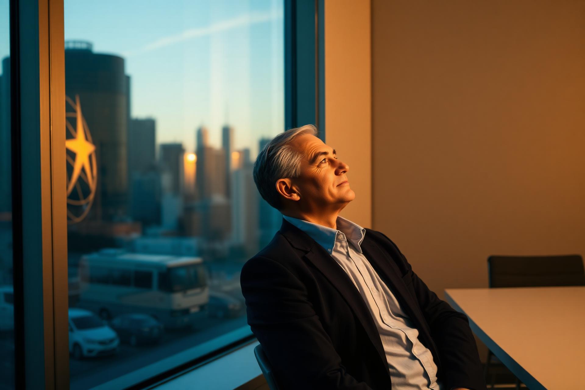 Healthcare executive looking out over a city skyline